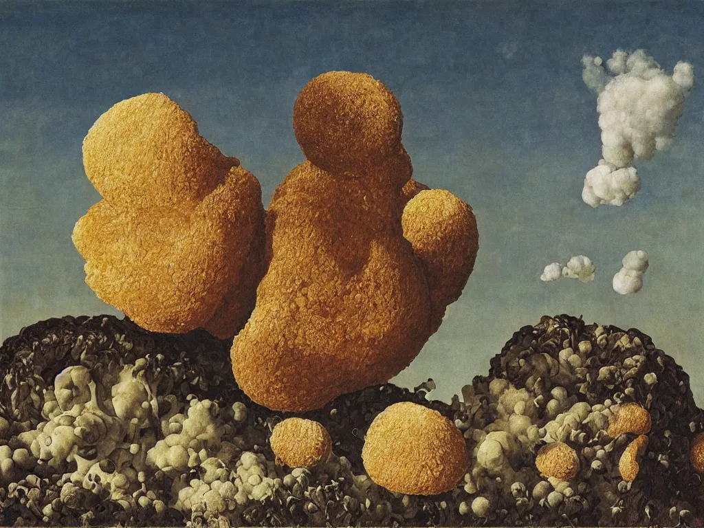 Prompt: fluffy, giant diaphanous fungi mold raising out of an old bread. painting by zurbaran, max ernst, agnes pelton, rene magritte, walton ford