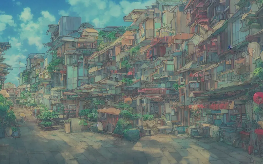 Image similar to a japanese city near the sea, lofi, dreamy, moody, very colorful, anime inspiration, ghibli vibe