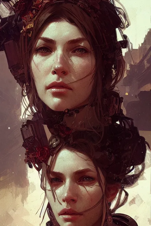 Prompt: A full portrait of a beautiful post apocalyptic trader, intricate, elegant, highly detailed, digital painting, artstation, concept art, smooth, sharp focus, illustration, art by Krenz Cushart and Artem Demura and alphonse mucha