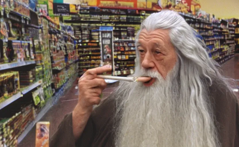 Image similar to security cam bad vhs footage of stoned gandalf smoking a joint around walmart,