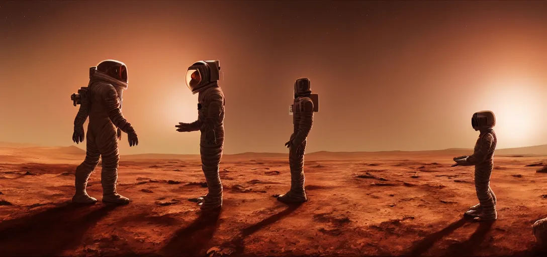 Prompt: a surreal painting of a primitive man meeting an astronaut on the surface of mars, volumetric lighting