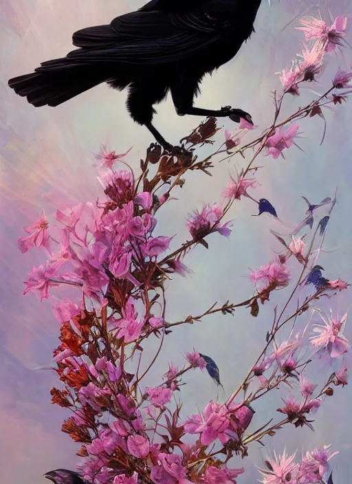 Image similar to portrait of black raven bird, flowers, pink spike aura in motion, floating pieces, painted art by tsuyoshi nagano, greg rutkowski, artgerm, alphonse mucha, spike painting