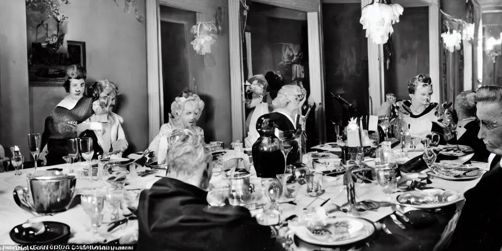 Prompt: detailed sharp photograph in the style of popular science circa 1 9 5 5 and gregory crewdson of a 1 9 5 0 s close up of an elderly woman wearing a mink stole and pearls with a white bouffant hairdo sitting at a banquet table looking into a 1 5 0 mm lens