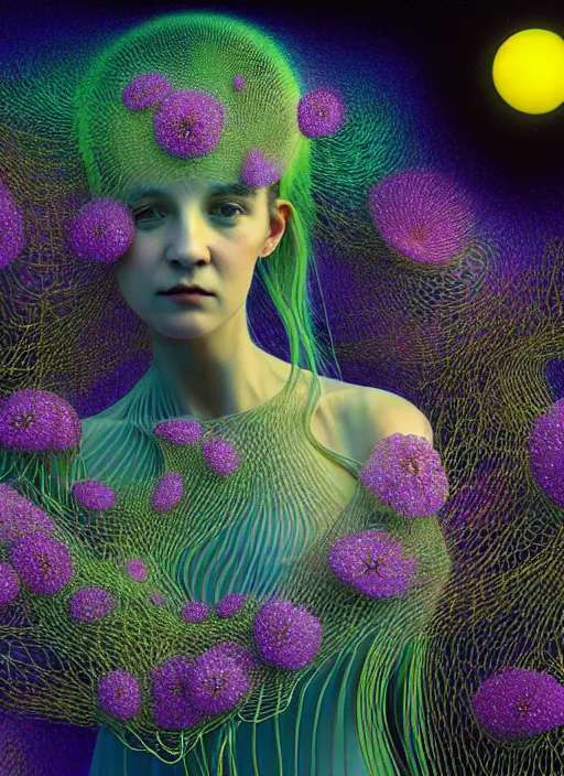 Image similar to hyper detailed 3d render like a digital Oil painting - Aurora (Singer) seen Eating of the Strangling network of slightly yellow and light blue and milky Fruit and Her delicate Hands hold of gossamer polyp blossoms bring iridescent fungal flowers whose spores black out the foolish stars by Jacek Yerka, Mariusz Lewandowski, Houdini algorithmic generative render, Abstract brush strokes, Masterpiece, Edward Hopper and James Gilleard, Zdzislaw Beksinski, Mark Ryden, Wolfgang Lettl, hints of Yayoi Kasuma, octane render, 8k