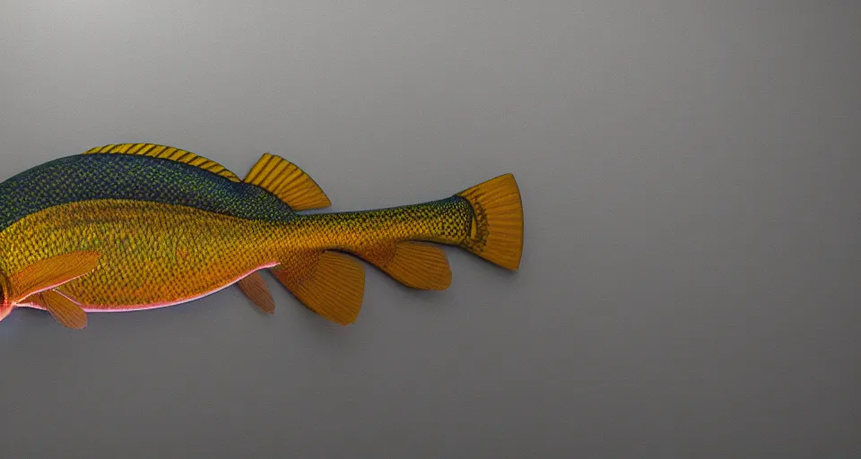 Image similar to a beautiful painting of a redfin perch, octane render, intricate, ultra wide angle, trending on artstation, black light, volumetric lighting, ray lighting from top of frame, crepuscular ray lighting from above, dynamic lighting, muted colors, polished, micro details, ray tracing, 8 k