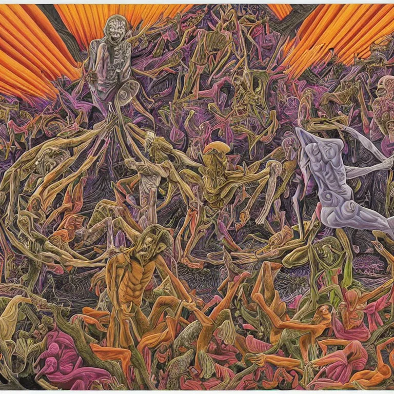 Image similar to transformation through death by Alex Grey and M. C. Escher collaboration