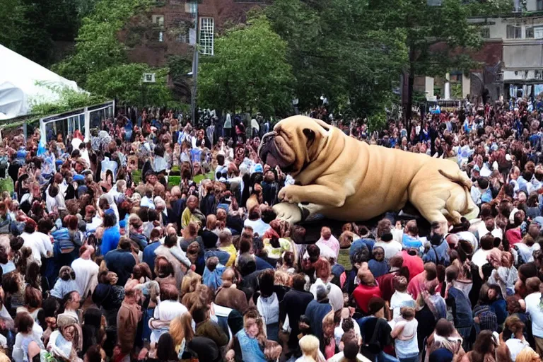 Prompt: a crowd of people surrounding a giant bulldog and the bulldog is five times larger then the people