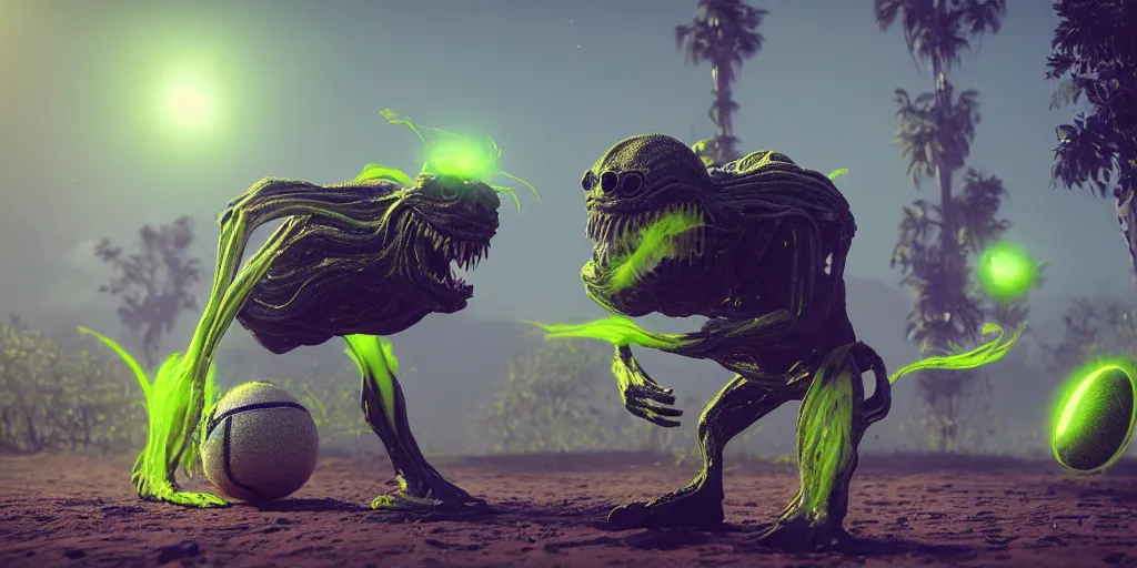 Image similar to a photo of 8 k ultra realistic tennis ball monster, tennis ball monsters, alien exotic, cinematic lighting, trending on artstation, 4 k, hyperrealistic, focused, high details, unreal engine 5, cinematic, alien planet atmosphere in background, 3 d render by beeple and basil gogos