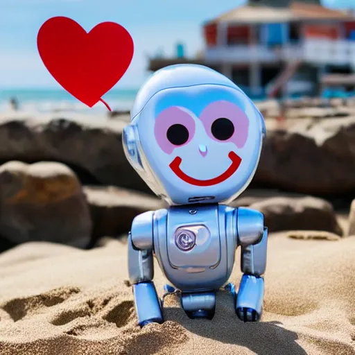 Image similar to a very cute happy robot with lots of hearts floating in the air on the beach in a sunny seaport