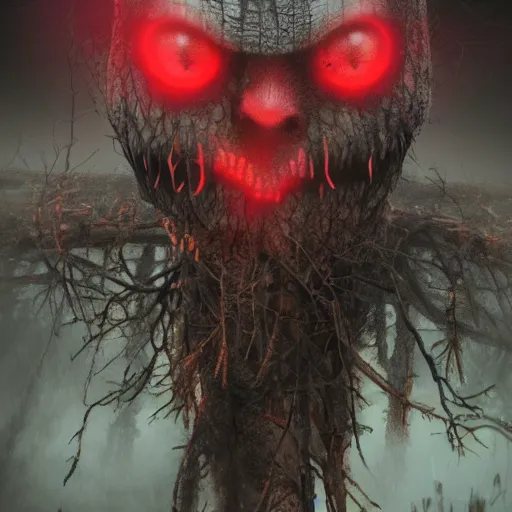 Image similar to A realistic detailed photo of a creepy demon, red eyes, dead trees, detailed body, teeth filled with cavities, foggy landscape, creepy, light particles, detailed light, realistic shaders, trending on artisation, detailed textures, detailed, realistic.