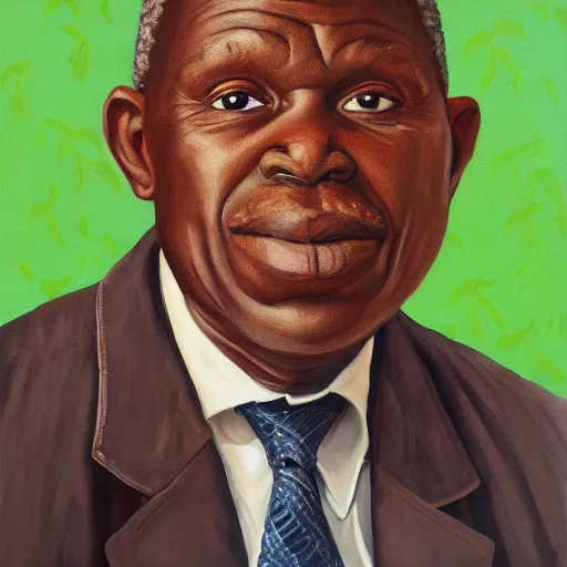 Image similar to a painting of a round face, XXL , smiley, Loving, caring, generous, ever-present, humble, wise elder from Kenya in a suit by Kehinde Wiley . Fatherly/daddy, focused, loving, leader, relaxed,. ethereal lights, details, smooth, sharp focus, illustration, realistic, cinematic, artstation, award winning, rgb , unreal engine, octane render, cinematic light, macro, depth of field, blur, red light and clouds from the back, highly detailed epic cinematic concept art CG render made in Maya, Blender and Photoshop, octane render, excellent composition, dynamic dramatic cinematic lighting, aesthetic, very inspirational, arthouse.