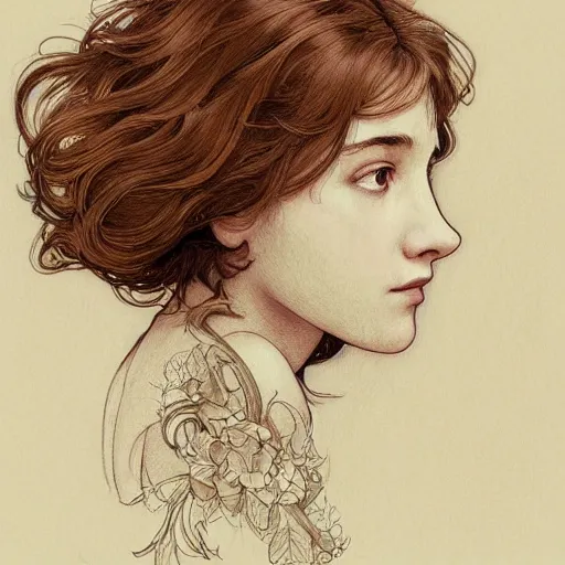 Image similar to pen and ink sketch of a welsh teenage girl with brown hair, glowing skin, delicate features, amelie poulain, fantasy, intricate, elegant, dress shirt and tie, highly detailed, digital painting, artstation, concept art, smooth, sharp focus, illustration, art by Krenz Cushart and Artem Demura and alphonse mucha, black and white