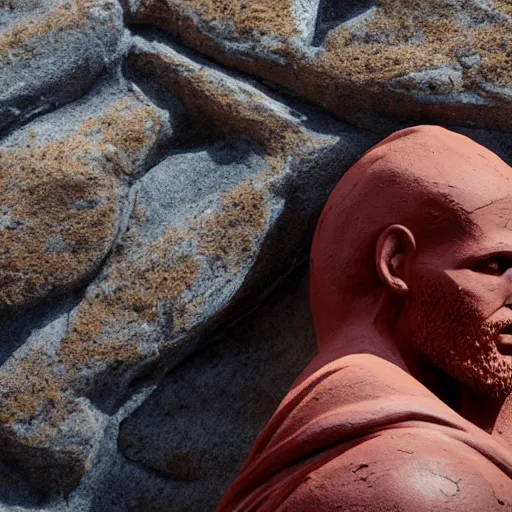 Image similar to cinematic still of a gust of wind blowing red clay into the shape of a red clay sculpture of 30 year old middle eastern man head and shoulders, strong, muscular, mysterious, fantastical, miraculous, epic, light rays, cinematic, Biblical epic directed by Steven Spielberg