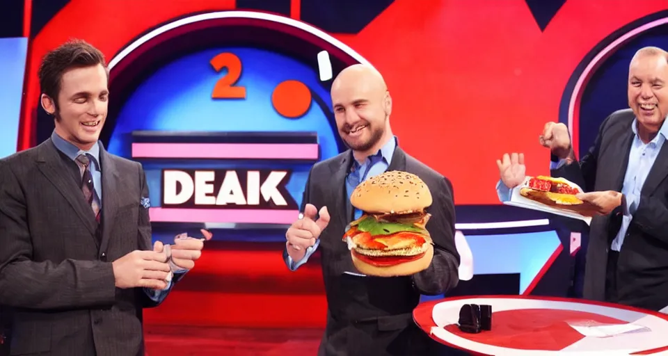 Prompt: deal or no deal game show, contestant opens briefcase and finds a hamburger