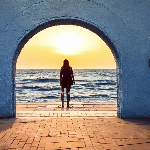 Prompt: a woman facing an portal on the street. the street leads dozen a city. the portal is oval, upright and surrounded by blue energy. the portal leads to a beach at sunset