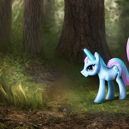 Image similar to photo of real my little pony in the woods feral cryptid