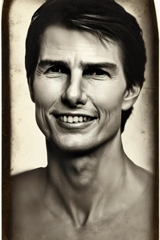 Image similar to disturbing daguerreotype of tom cruise with a creepy grin