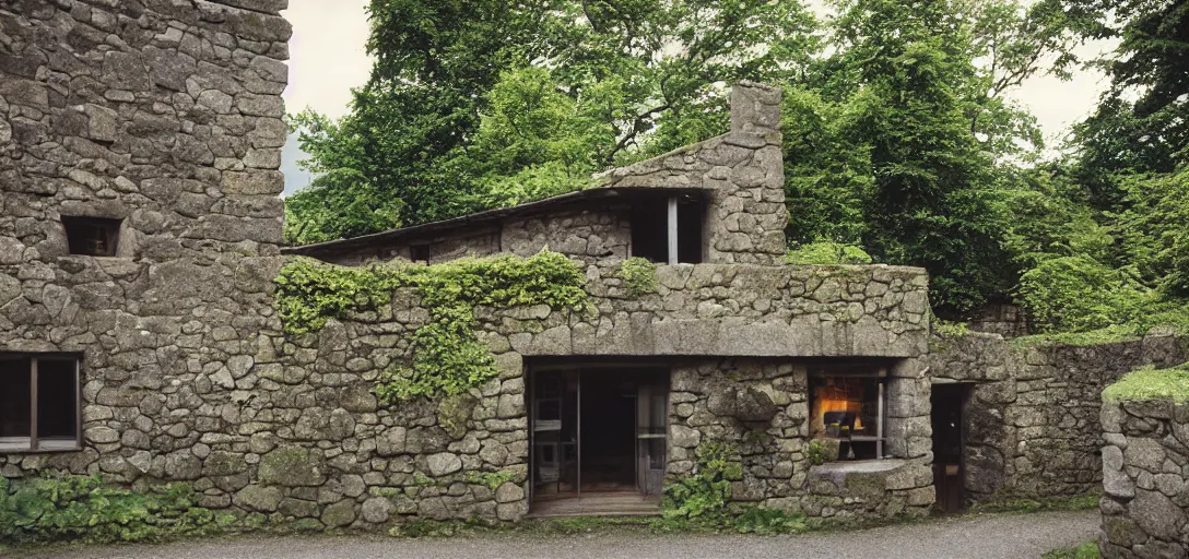 Image similar to scottish blackhouse designed by le corbusier. outdoor landscaping designed by roberto burle marx. fujinon premista 1 9 - 4 5 mm t 2. 9. portra 8 0 0.