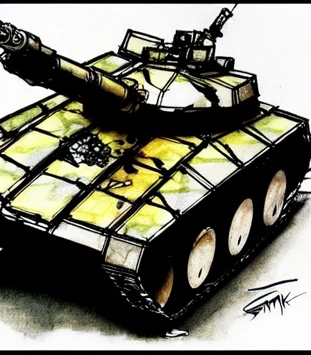 Prompt: Yoji Shinkawa's 'real life M1 Abrams Tank with red lipstick mark on barrel', ink and colours on silk, trending on pixiv, action shot, monochrome, watercolour