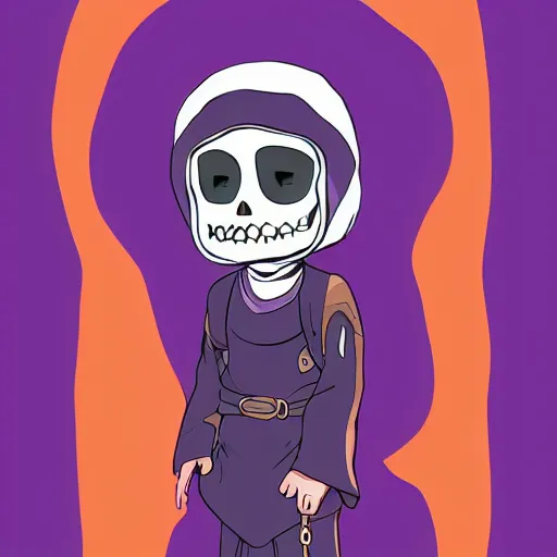 Prompt: cute little boy wearing an skull mask and dressed in an nun outfit, purple color palette, artwork made in western cartoon art syle, inspired in made in abyss and hirohiko araki, ray tracing, featured in pixiv