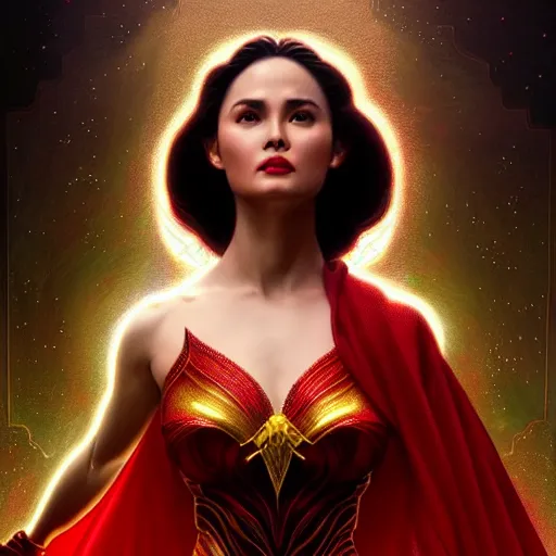 Image similar to kristine hermosa as darna, volumetric lights, red and cyan theme, art nouveau botanicals, intricate, highly detailed, digital painting, artstation, concept art, smooth, sharp focus, cinematic, illustration, beautiful face, art by artgerm and greg rutkowski and alphonse mucha