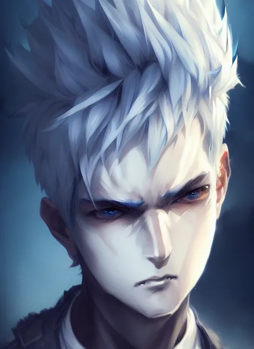 Prompt: highly detailed portrait art of half bone face black and blue eye boy white hair, ross tran, krenz cushart, white shirt, vd, intricate, digital anime art, sharp focus