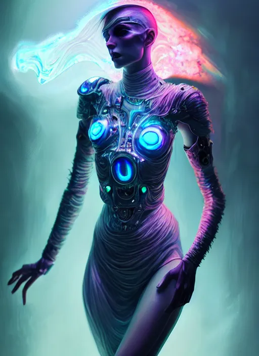 Prompt: translucent iridescent cyborg with flaming eyes, veiled in mist, full body, heroic lighting, dark fantasy, intricate, elegant, highly detailed, lifelike, photorealistic, digital painting, artstation, illustration, concept art, smooth, sharp focus, art by John Collier and Albert Aublet and Krenz Cushart and Artem Demura and Alphonse Mucha