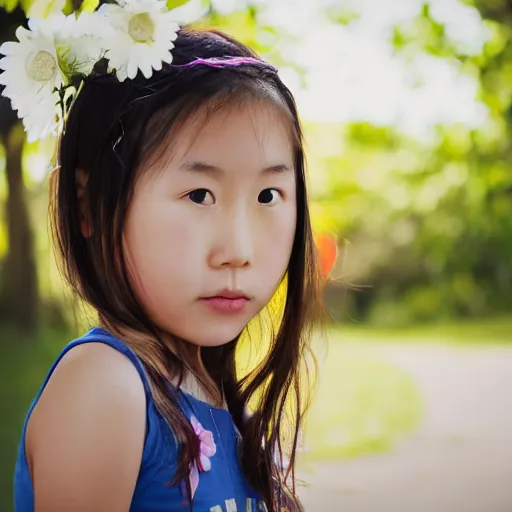 Prompt: half - white, half - asian girl, staring instensively, with a flower in her hair, award winning photography, canon eos c 3 0 0, f 4, 1 5 mm, natural light