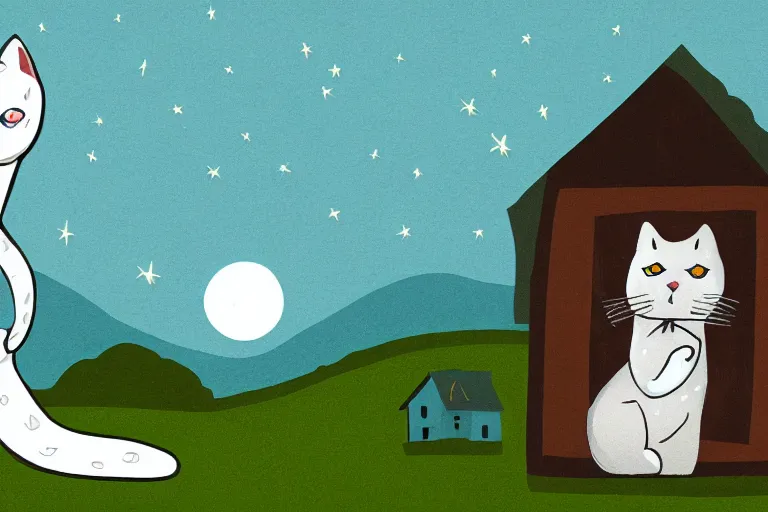 Image similar to detailed illustration of a white cat with a black spot on her trunk playing guitar, an old house with a window over a hill, blue sky, a big star falling