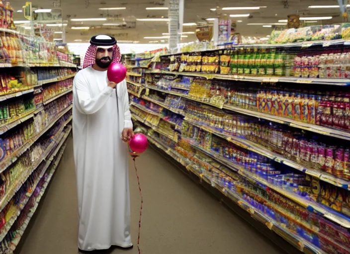 Image similar to an Arab man in traditional dress standing in a supermarket aisle and holding a black helium balloon on a string while starring directly at the camera menacingly, directed by Stanley Kubrick, 4k, high definition cinematography