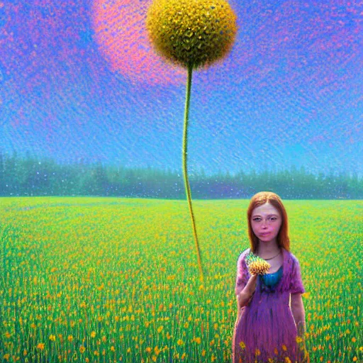 Image similar to girl with dandelion as a face, surreal photography, dream, standing in flower field, hills, big trees, sunrise dramatic light, impressionist painting, colorful clouds, digital painting, pointillism, artstation, simon stalenhag