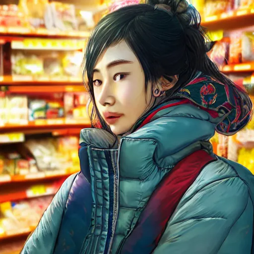 Image similar to the portrait a beautiful grocery young asia woman in down jacket, the background is a grocery store, winter, illustration by kim jung gi, irakli nadar, intricate linework, bright colors, octopath traveler, wenjun lin, unreal engine 5 highly rendered, global illumination, radiant light, detailed and intricate environment