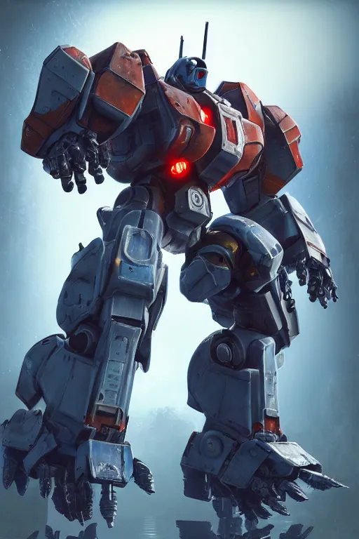 Image similar to mechwarrior 5 : mercenaries mech megaman transformer robot boss tank engine game octane render, 4 k, hd 2 0 2 2 3 d cgi rtx hdr style chrome reflexion glow fanart, global illumination ray tracing hdr fanart arstation by ian pesty by jesper ejsing pixar and disney unreal zbrush central hardmesh