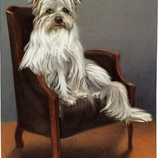 Prompt: old brown and gray Yorkshire terrier dog sitting a white leather chair, long hair, extremely detailed masterpiece, illustration, by Michael Sowa,