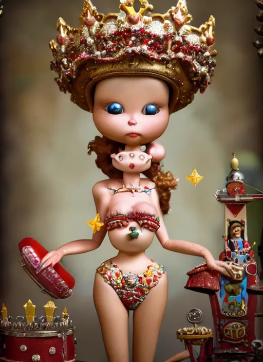 Image similar to highly detailed closeup, face profile portrait of a tin toy fairytale princess wearing a crown eating cakes, bikini, unreal engine, by nicoletta ceccoli, mark ryden, lostfish, dan decarlo, bob clampett, max fleischer, global illumination, detailed and intricate environment