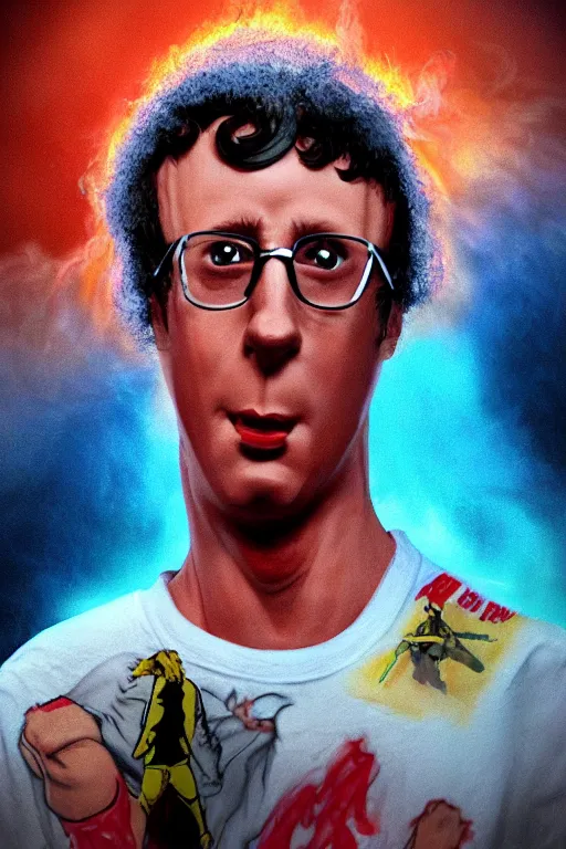 Image similar to detailed illustration, napolean dynamite as a 1 9 8 0 s wrestling action figure, ultra realistic, dramatic lighting, thick black swirling smoke tornado, artstation