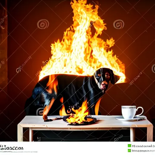 Image similar to a photograph of a big fire on a dining room on fire, only remains a wooden table and a chair, an human-like relaxed dog sitting at this table, ☕ on the table, surrounded by flames, a lot of flames behind the dog, black smoke instead of the ceiling