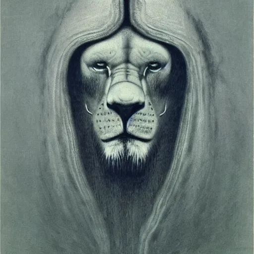 Image similar to god with with four faces : man, lion, eagle, bull. drawn by zdzislaw beksinski