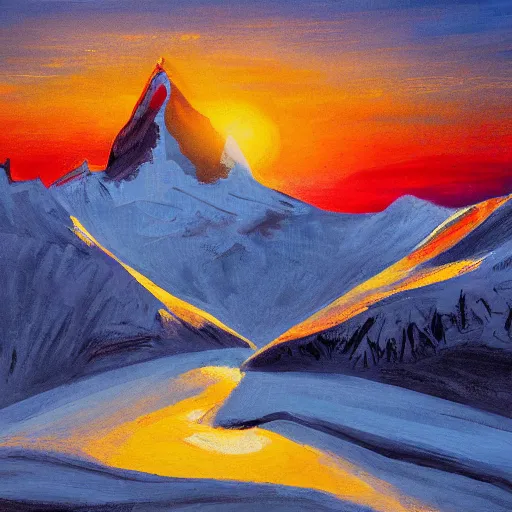 Prompt: an abstract representation of the matterhorn in winter, sunset, artstation, by picasso