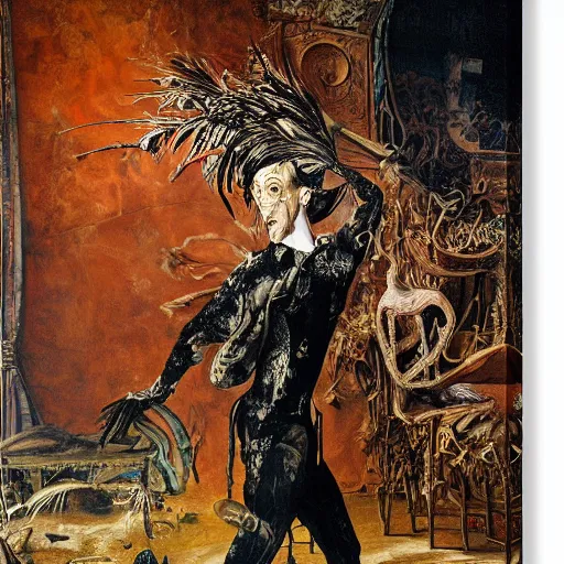 Image similar to a highly detailed painting of an elegant male dancer with flamingo legs by salvador dali and vadim stein, in a domed destroyed ballroom splattered with rot and decay by albrecht durer, dramatic lighting, insanely detailed