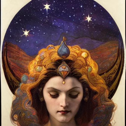 Prompt: queen of the moon with stars in her hair, by nicholas roerich and annie swynnerton and donato giancola and dulac, dramatic lighting, god rays, geometric tattoos, rich colors, smooth sharp focus, extremely detailed, leo and diane dillon, adolf wolfli