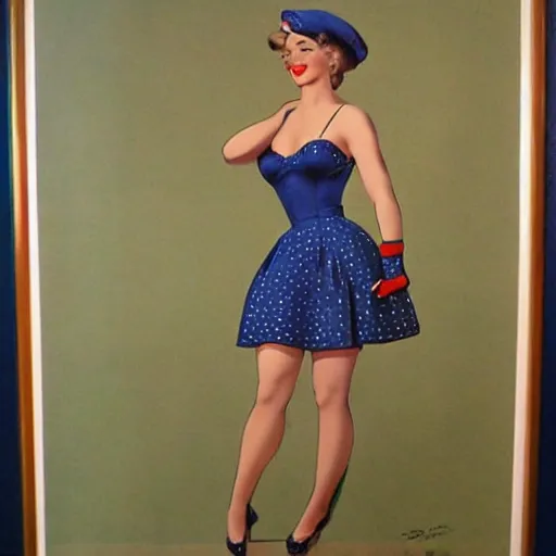 Image similar to full body pin up post war dressing a military unioform,with a park in the back ground, water color, Gil Elvgren style