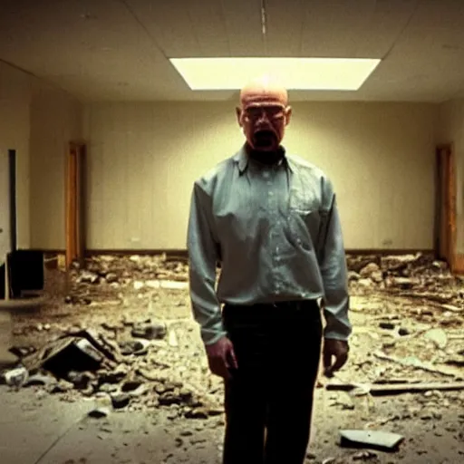 Image similar to “High quality screenshot of Walter White standing in the middle of a destroyed hallway with half of his face blown off, award-winning”