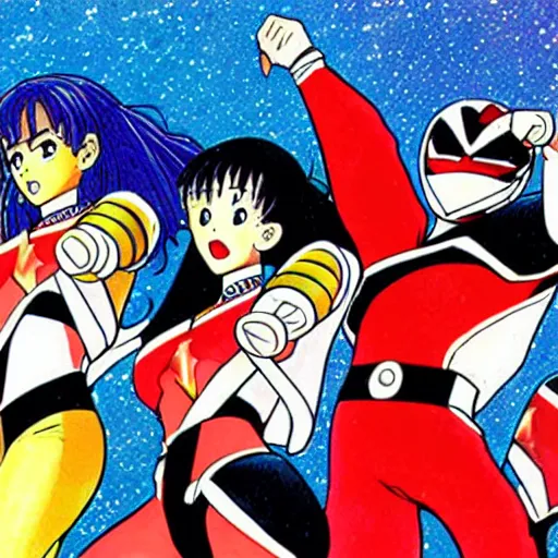 Image similar to Mighty Morphin Power Rangers as illustrated by Naoko Takeuchi. 1993.