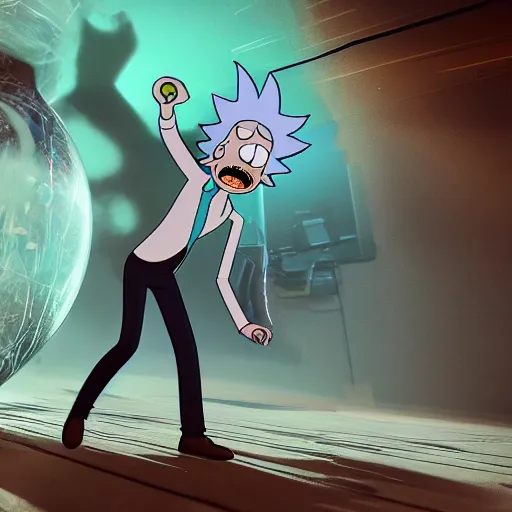 Image similar to full body pose, hyperrealistic photograph of rick sanchez from rick and morty, dim volumetric lighting, 8 k, octane beautifully detailed render, extremely hyper detailed, intricate, epic composition, cinematic lighting, masterpiece, trending on artstation, very very detailed, stunning, hdr, smooth, sharp focus, high resolution, award, winning photo, dslr, 5 0 mm