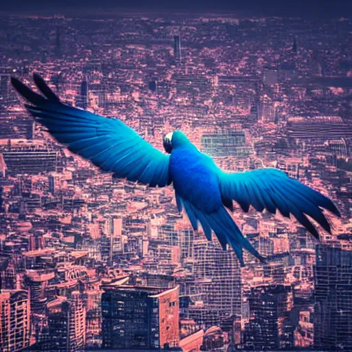 Prompt: blue parrot flying above a city, anime style, blured background