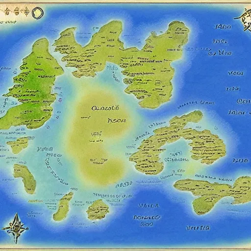 Prompt: fantasy map of an undiscovered continent, azeroth, roshar, hawaiian islands