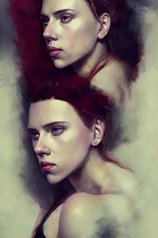 Image similar to a fancy portrait of Scarlett Johansson with scars on her body by Greg Rutkowski, Sung Choi, Mitchell Mohrhauser, Maciej Kuciara, Johnson Ting, Maxim Verehin, Peter Konig, final fantasy , mythical, 8k photorealistic, cinematic lighting, HD, high details, atmospheric,