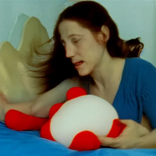 Prompt: woman who has given birth to a squishy inflatable toy, in hospital bed, French film, archival footage, technicolor film expired film, 16mm