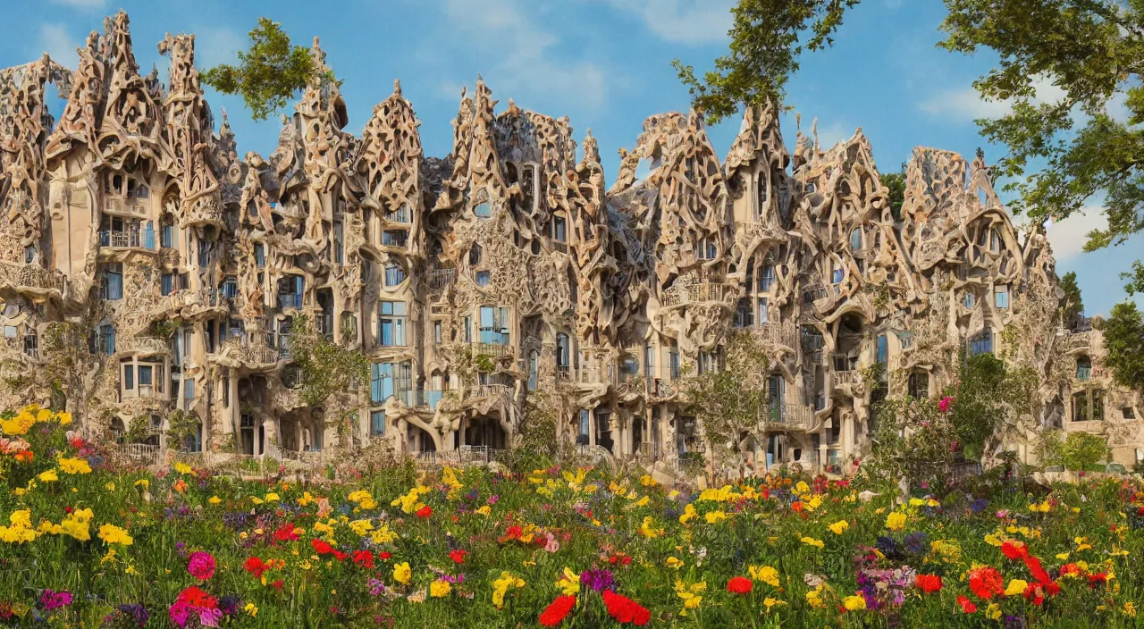 Prompt: a manor designed by Antoni Gaudí, with flower fields as foreground, with mountains as background, trending on artstation